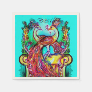 Serviette En Papier PEACOCKS EN AMOUR Rouge Aqua Bleu Mariage Monogram
