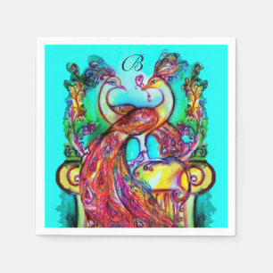 Serviette En Papier PEACOCKS EN AMOUR Rouge Aqua Bleu Mariage Monogram