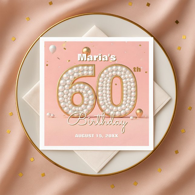 Serviette En Papier Pearl Gold and Soft Pink Elegant 60th Birthday (Créateur téléchargé)
