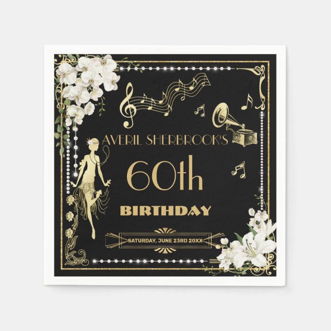 Serviette En Papier Pearls White Floral Art Déco Gatsby 20s Anniversai (Devant)