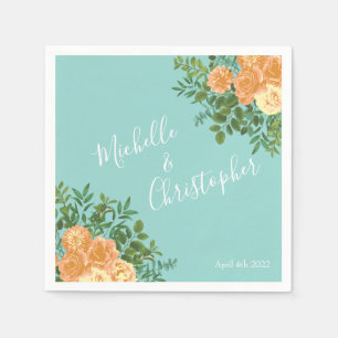 Serviette En Papier Pêche Aqua Turquoise Mariage Roses Floral