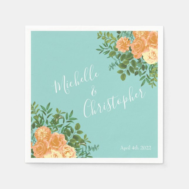 Serviette En Papier Pêche Aqua Turquoise Mariage Roses Floral (Devant)