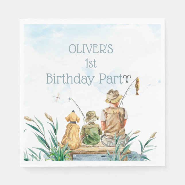 Serviette En Papier Pêche en famille : 1er anniversaire d'un garçon (Devant)