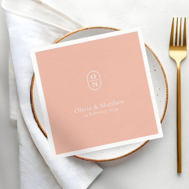 Serviette En Papier Pêche Ensoleillée | Monogramme de Mariage Chic Mod (Créateur téléchargé)