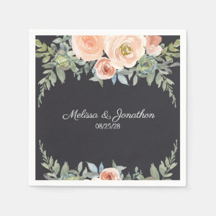 Serviette En Papier Pêche Green Navy Pastel Floral Mariage Napkins