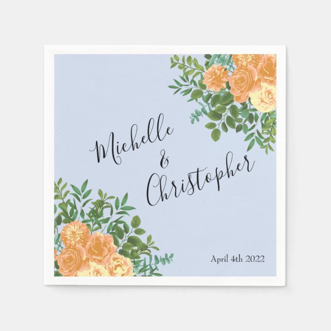 Serviette En Papier Pêcher bleu clair Mariage Roses Floral (Devant)