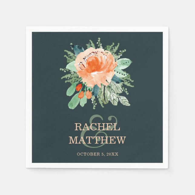 Serviette En Papier Pêcher l'aquarelle Floral sur Mariage Turquoise (Devant)