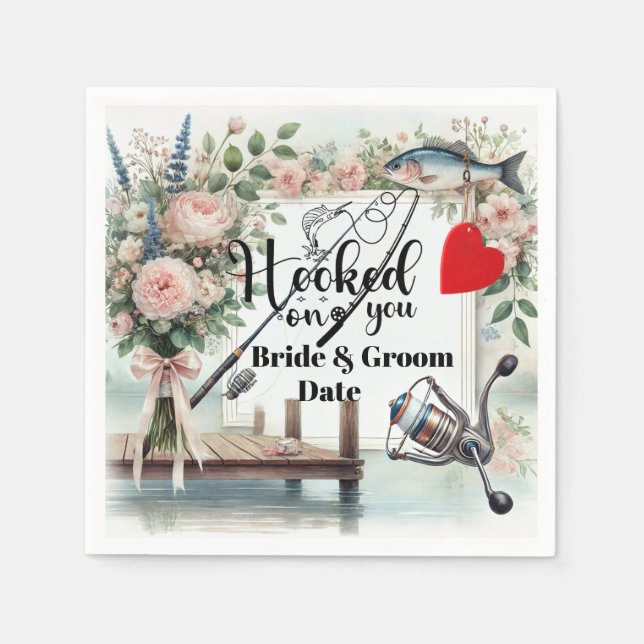 Serviette En Papier Pêcheur mariage avec verge et fleurs (Devant)