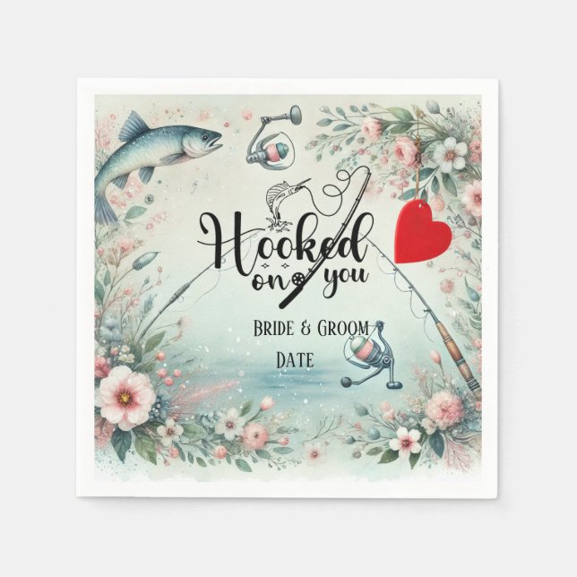 Serviette En Papier Pêcheur mariage avec verge et fleurs (Devant)