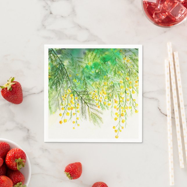 Serviette En Papier Peinture à l'aquarelle jaune brillant Mimosa (En situation)