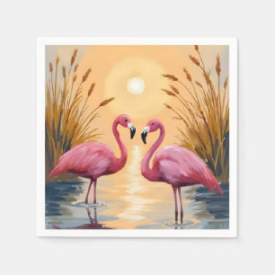 Serviette En Papier Peinture Animale Coucher de Soleil Flamants Roses