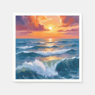 Serviette En Papier Peinture aquarelle de coucher de soleil sur l'océa
