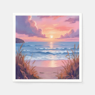 Serviette En Papier Peinture aquarelle de coucher de soleil sur l'océa
