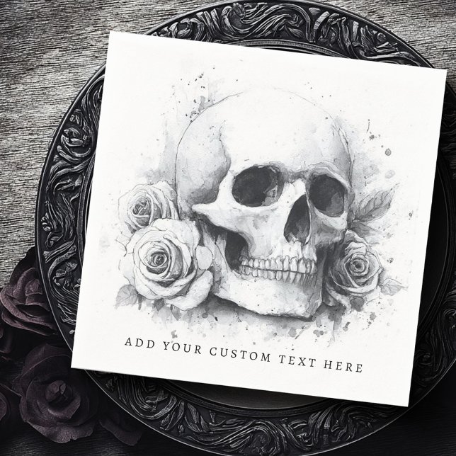 Serviette En Papier Peinture aquarelle de crâne avec des roses (Skull with roses watercolor painting napkins)