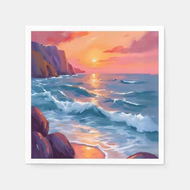 Serviette En Papier Peinture aquarelle de la plage aux vagues de l'océ (Devant)