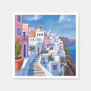 Serviette En Papier Peinture aquarelle de Santorin Grèce Voyage