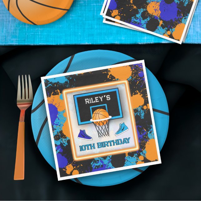 Serviette En Papier Peinture de basketball orange et bleu Anniversaire (Créateur téléchargé)