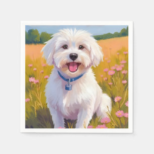 Serviette En Papier Peinture de champ de fleurs de chien maltais