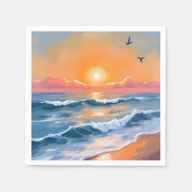 Serviette En Papier Peinture de plage à l'aquarelle Coucher de soleil  (Devant)