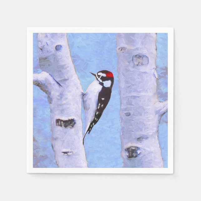 Serviette En Papier Peinture Downy Woodpecker - Art original pour oise (Devant)