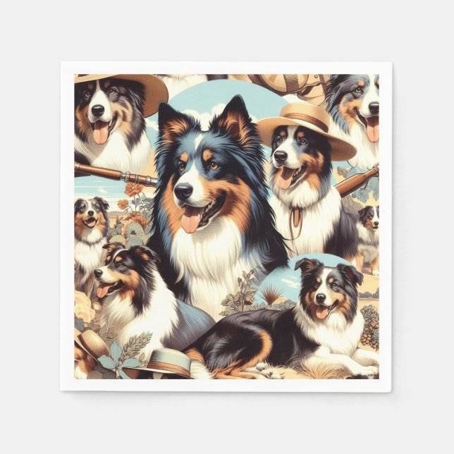 Serviette En Papier Peinture rétro Australian Shepherd sans couture (Devant)