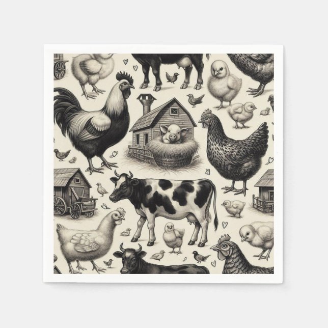 Serviette En Papier Peinture vintage d'animaux de ferme (Devant)