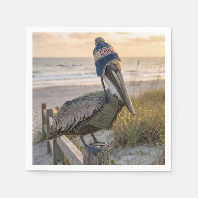 Serviette En Papier Pelican Wearing a Winter Hat (Devant)