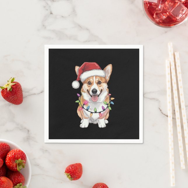 Serviette En Papier Pembroke Welsh Corgi Père Noël Lumières des arbres (En situation)