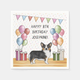 Serviette En Papier Pembroke Welsh Corgi tricolore noir Joyeux Anniver