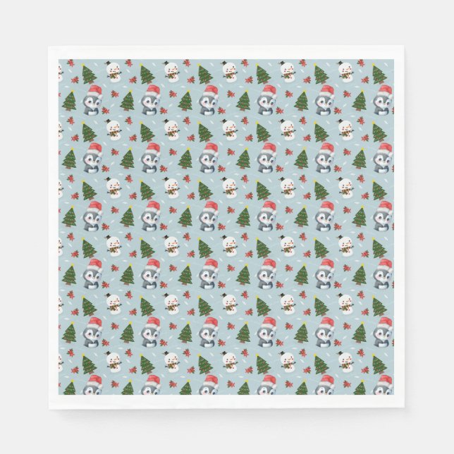 Serviette En Papier Penguin Père Noël Joyeux Joyeux motif d'arbre de N (Devant)