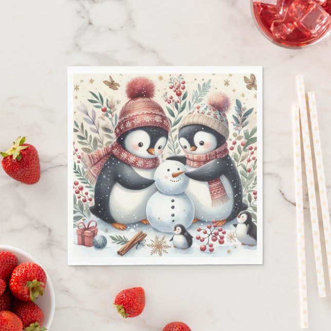 Serviette En Papier Penguins Construisant Un Snowman (En situation)