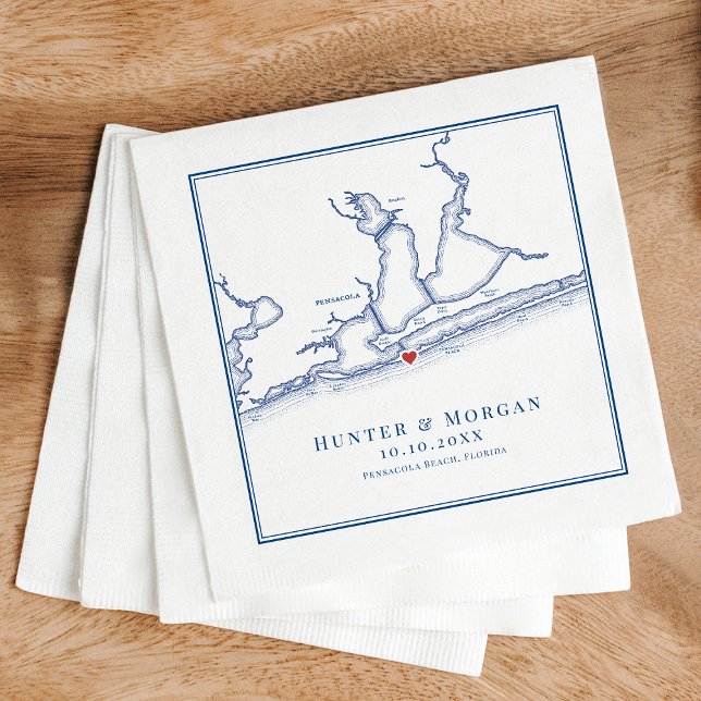 Serviette En Papier Pensacola Beach FL Map Elegant Mariage bleu marine (Personalized Pensacola Beach Florida map napkins for an elegant navy blue beach wedding)