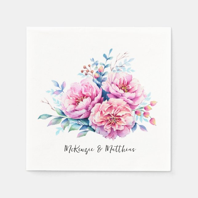 Serviette En Papier Peonies roses Aquarelle Mariage Floral (Devant)