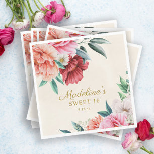 Serviette En Papier Peonies roses Bourgogne Floral Feuilles doux 16