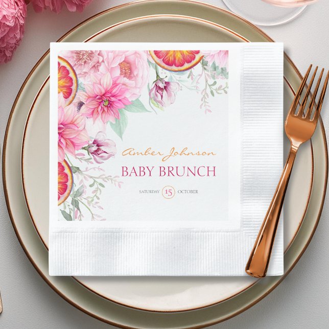 Serviette En Papier Peonies roses et Baby shower d'agrumes (Citrus and pink watercolor flowers baby shower party napkins)