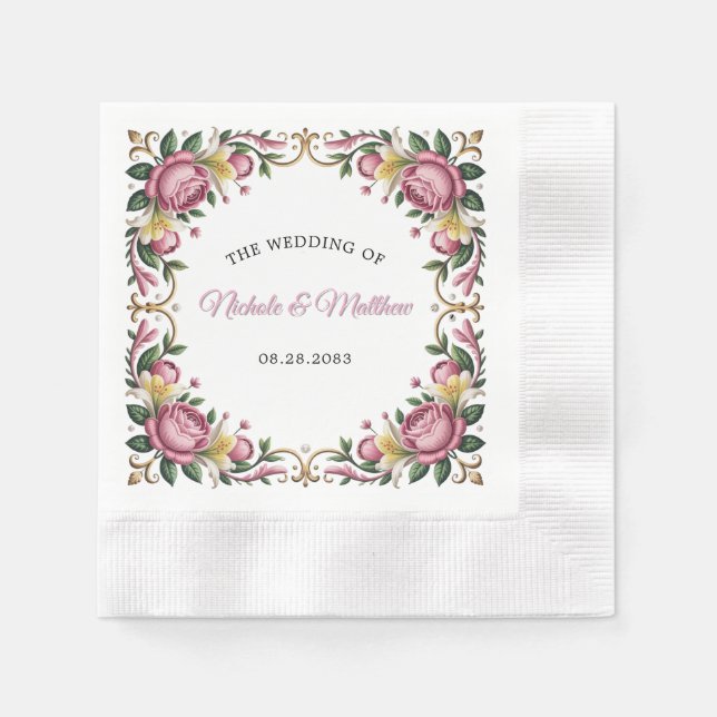 Serviette En Papier Peonies roses Rococo Mariage cadre (Devant)