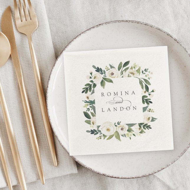 Serviette En Papier Peony blanc | Mariage de cadre floral personnalisé (Créateur téléchargé)