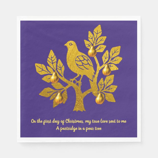 Serviette En Papier Perdrix dans un arbre à poires violet or Noël (Devant)