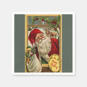 Serviette En Papier Père Noël à la fenêtre avec sac de jouets