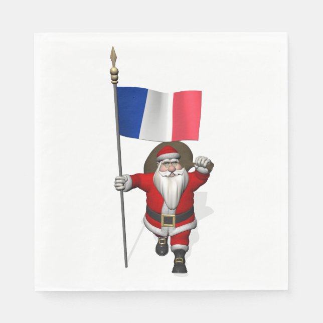 Serviette En Papier Père Noël Avec Drapeau De France (Devant)