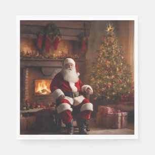 Serviette En Papier Père Noël avec sapin de Noël et cheminée