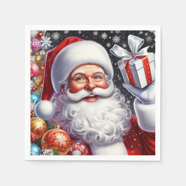 Serviette En Papier Père Noël classique avec présent & ornements (Devant)