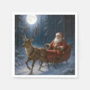 Serviette En Papier Père Noël conduisant un traîneau au clair de lune