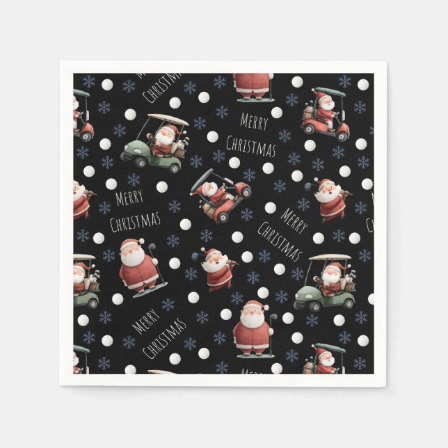 Serviette En Papier Père Noël de golf sur noir (Devant)