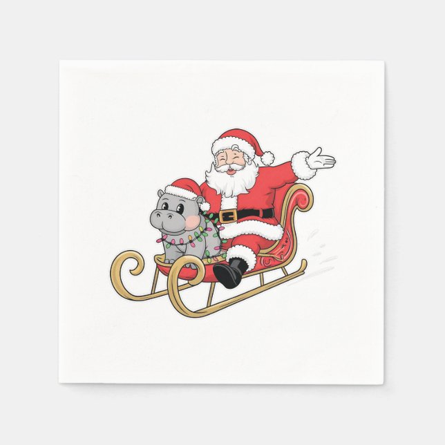 Serviette En Papier Père Noël Riding Sleigh avec Moo Deng Baby Hippo (Devant)