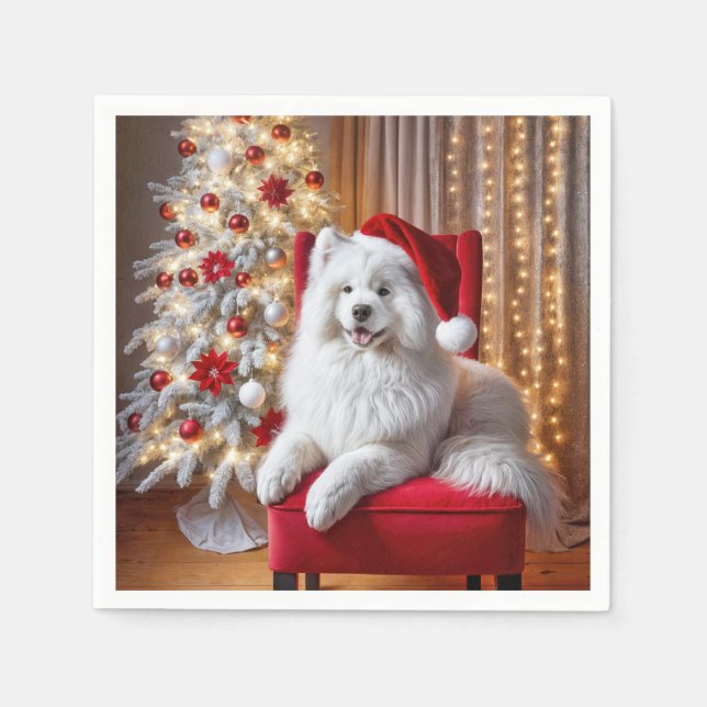 Serviette En Papier Père Noël Samoyed Dog sur une chaise rouge (Devant)