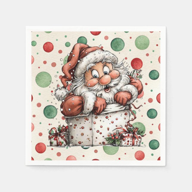 Serviette En Papier Père Noël sortant d'une boîte de cadeau (Devant)