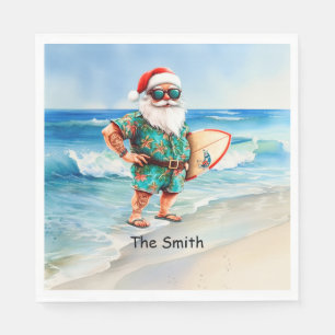 Serviette En Papier PÈRE NOËL surfe sur l'arrière-plan de la plage