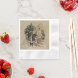 Serviette En Papier Père Noël Vintage Neige Arbre de Noël