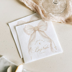 Serviette En Papier Perles Élégant Nœud Baptême Ivoire